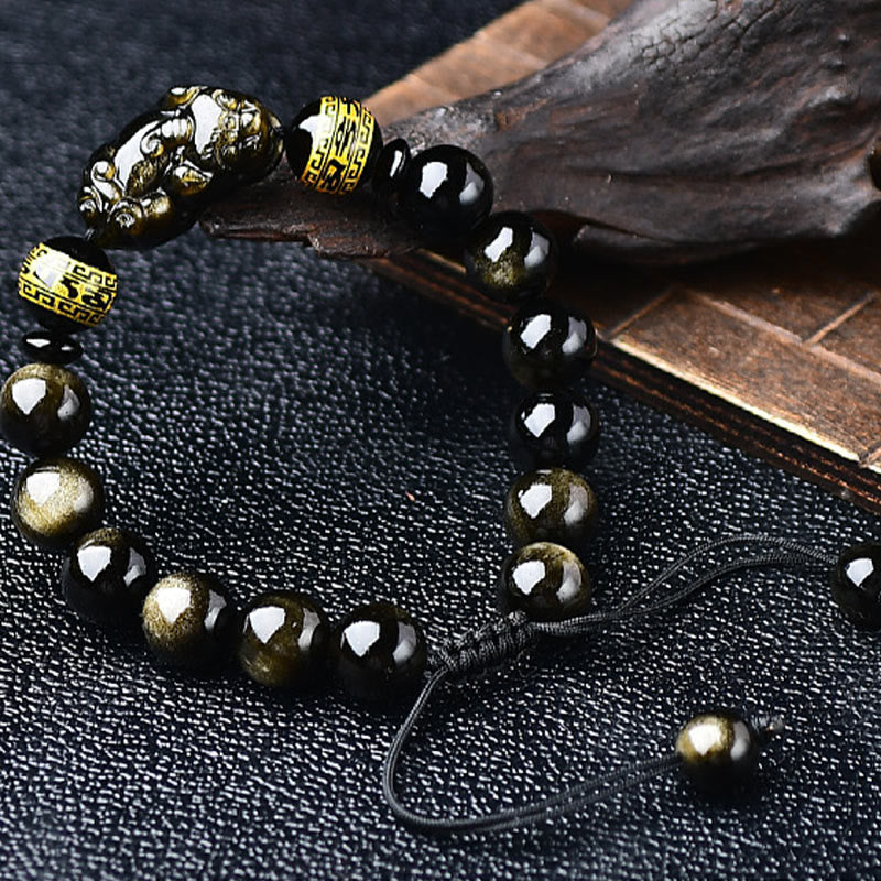 Natural Gold Sheen Obsidian PiXiu Om Mani Padme Hum Wealth Braided Bracelet