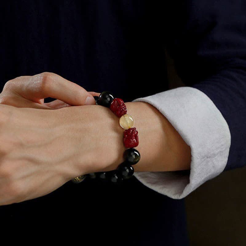 Gold Sheen Obsidian PiXiu Cinnabar Om Mani Padme Hum Protection Bracelet