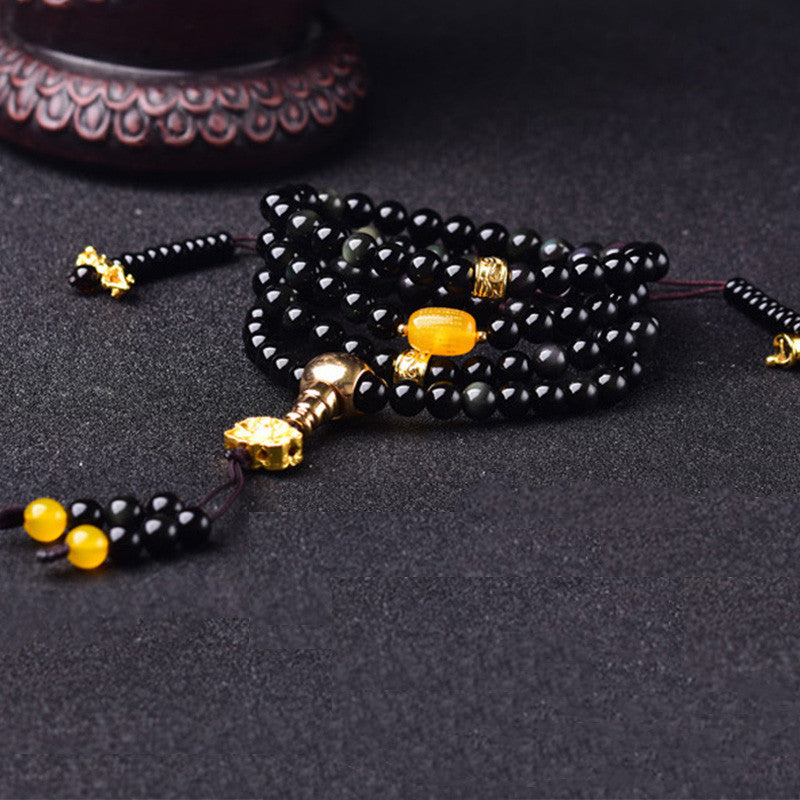 108 Beads Natural Black Obsidian Lotus Fulfilment Mala Bracelet