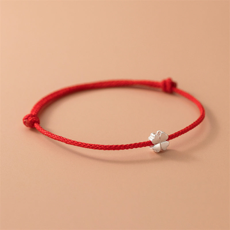925 Sterling Silver Four Leaf Clover Red Rope Bracelet