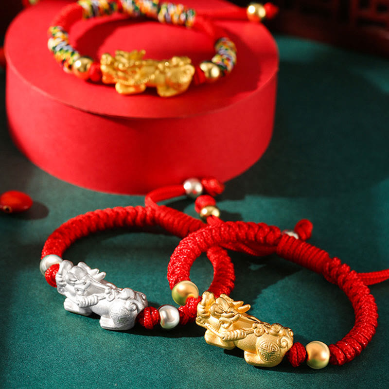 999 Sterling Silver PiXiu Wealth King Kong Knot String Braided Kids Child Bracelet