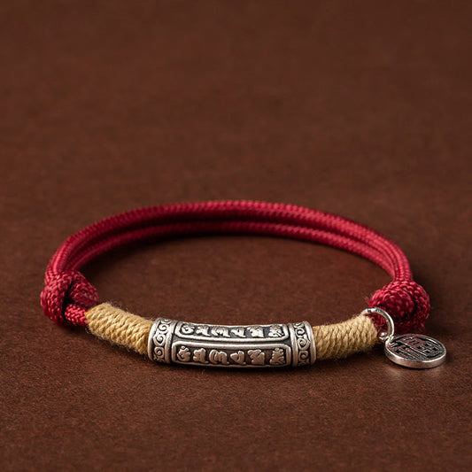 999 Sterling Silver Tibet Handmade Om Mani Padme Hum Fu Character TopRank Character Luck Braided Bracelet