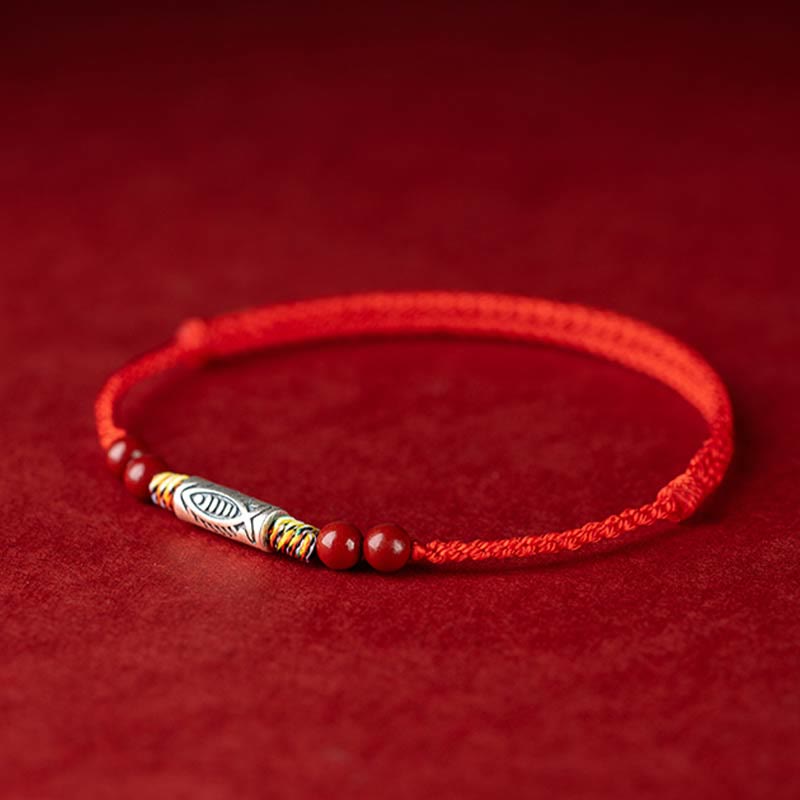 925 Sterling Silver Koi Fish Cinnabar Bead Wealth Handcrafted Braided Bracelet Anklet