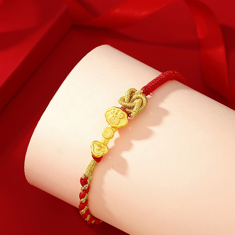 999 Sterling Silver Ruyi Handle Fu Character Fortune Luck Rope Bracelet