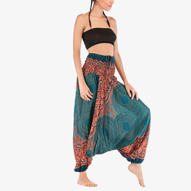 Two Style Wear Round Geometric Pattern Loose Smocked Harem Trousers Jumpsuit High Waist Women's Yoga Pants