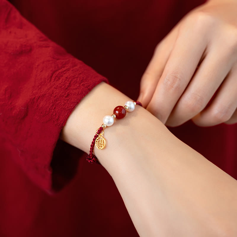 925 Sterling Silver Good Fortune Fu Character Agate Pearl Red String Braid Bracelet