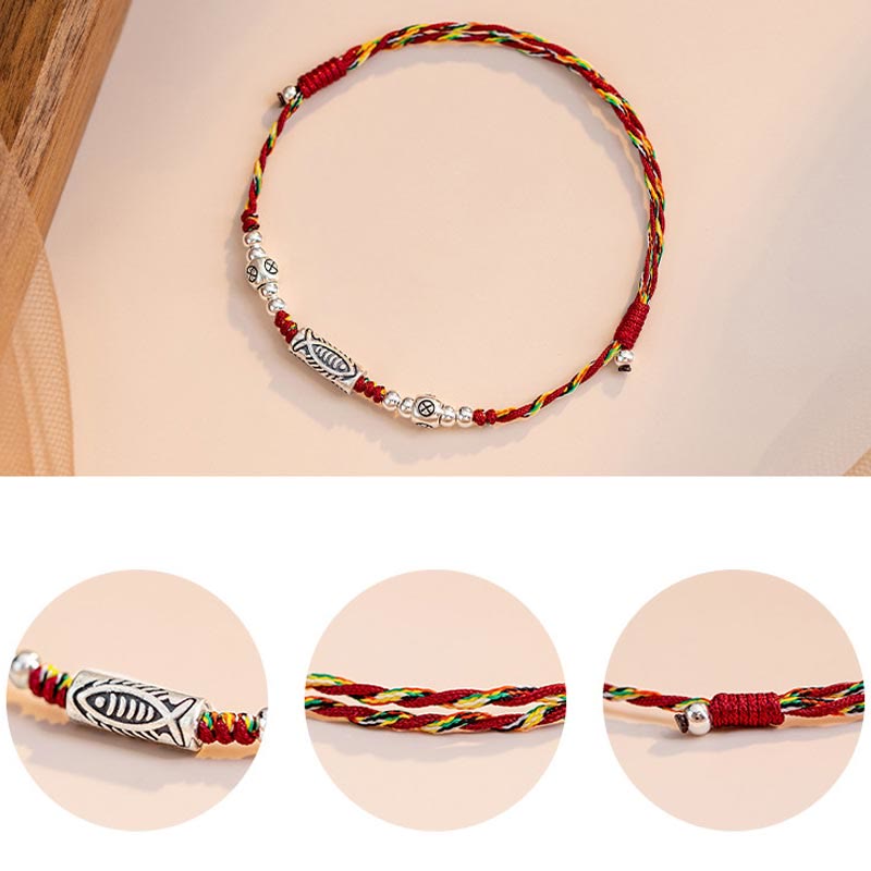 925 Sterling Silver Luck Koi Fish Braided Colorful String Bracelet Anklet