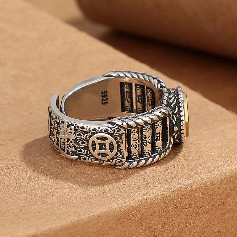 Tibetan Om Mani Padme Hum Carved Design Copper Coin Purity Rotatable Ring