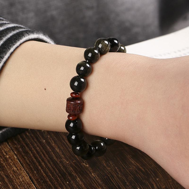Natural Gold Sheen Obsidian Rainbow Obsidian Om Mani Padme Hum Fu Character Bracelet