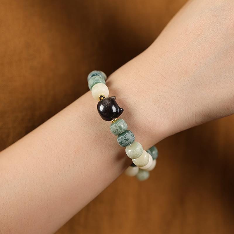 Bodhi Seed Silver Sheen Obsidian Cat Head Om Mani Padme Hum Engraved Harmony Bracelet
