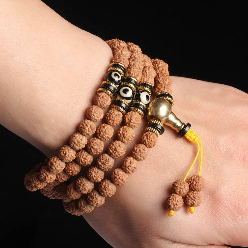 108 Mala Beads Rudraksha Bodhi Seed Dzi Bead Luck Wealth Bracelet
