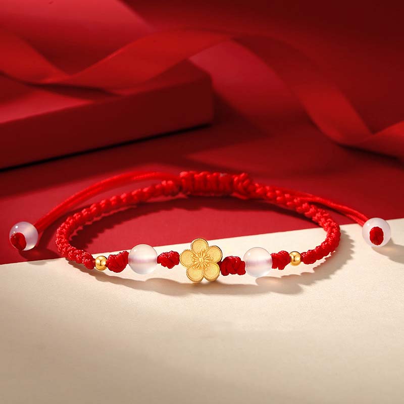 Handmade 925 Sterling Silver Peach Blossom Cherry Sakura Chalcedony Bead Luck Red Rope Bracelet