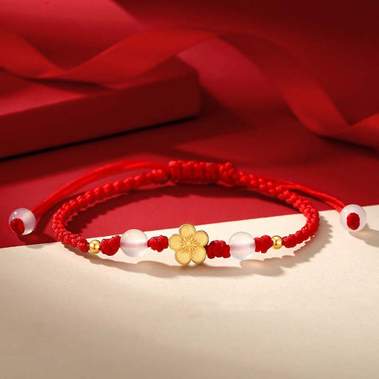 Handmade 925 Sterling Silver Peach Blossom Cherry Sakura Chalcedony Bead Luck Red Rope Bracelet