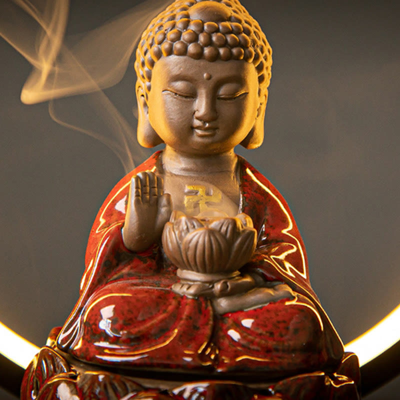 Buddha Lotus Backflow Smoke Fountain Ceramic Blessing Incense Burner With Light Decoration