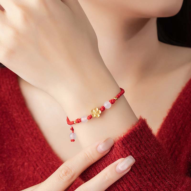 Handmade 925 Sterling Silver Peach Blossom Cherry Sakura Chalcedony Bead Luck Red Rope Bracelet