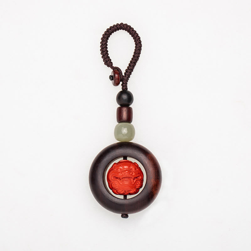 Tibet Om Mani Padme Hum PiXiu Copper Coin Small Leaf Red Sandalwood Cinnabar Protection Key Chain