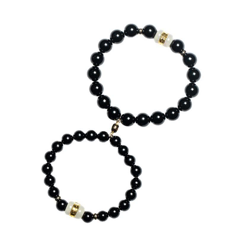 Black Obsidian Jade Om Mani Padme Hum Strength Couple Magnetic Bracelet