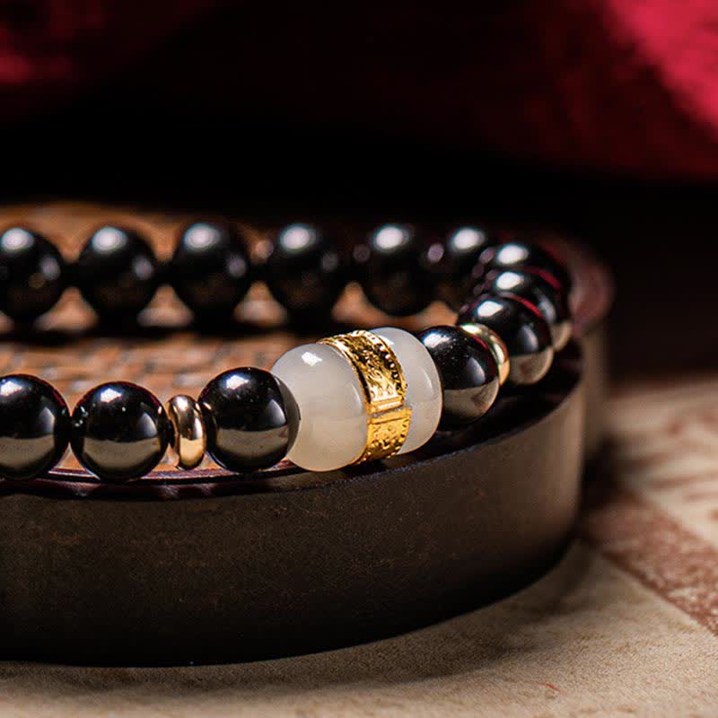 Black Obsidian Jade Om Mani Padme Hum Strength Couple Magnetic Bracelet