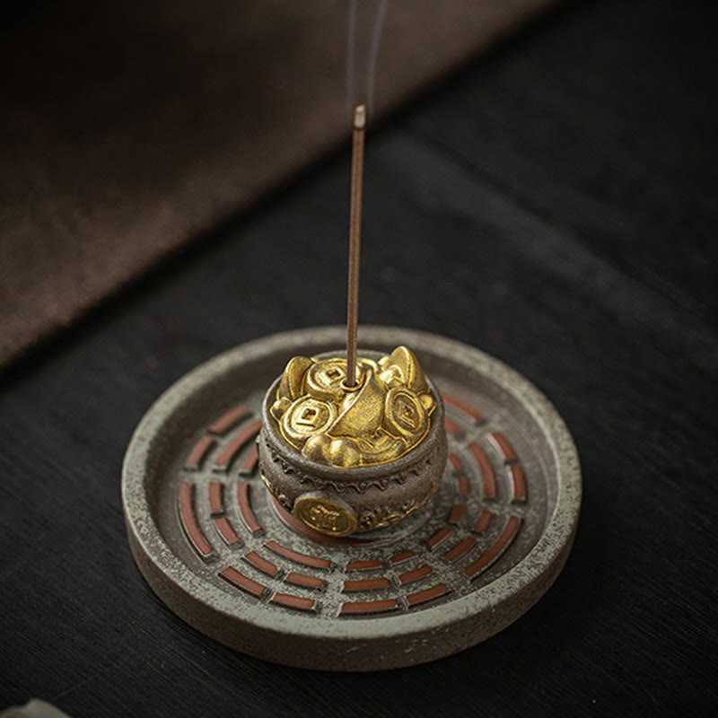Small Treasure Bowl Lucky Bag Bagua Tray Ceramic Stick Incense Burner Decoration