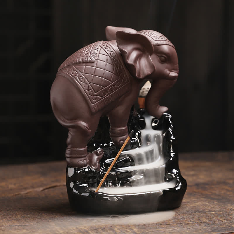 Tibetan Elephant Purple Clay Backflow Smoke Fountain Peace Incense Burner Decoration
