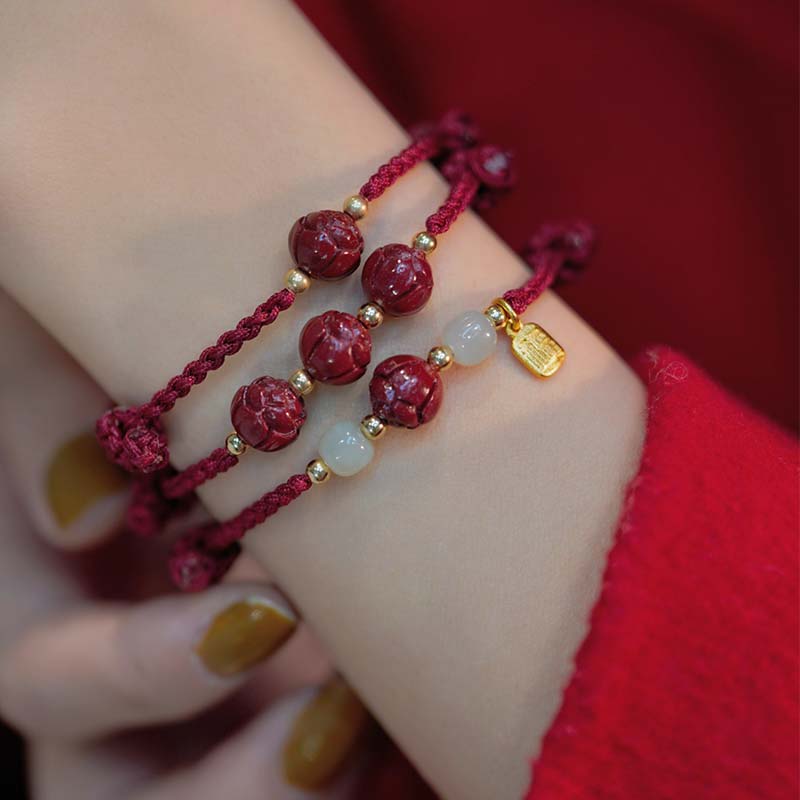 Cinnabar Jade Lotus Calm Red String Weave Bracelet