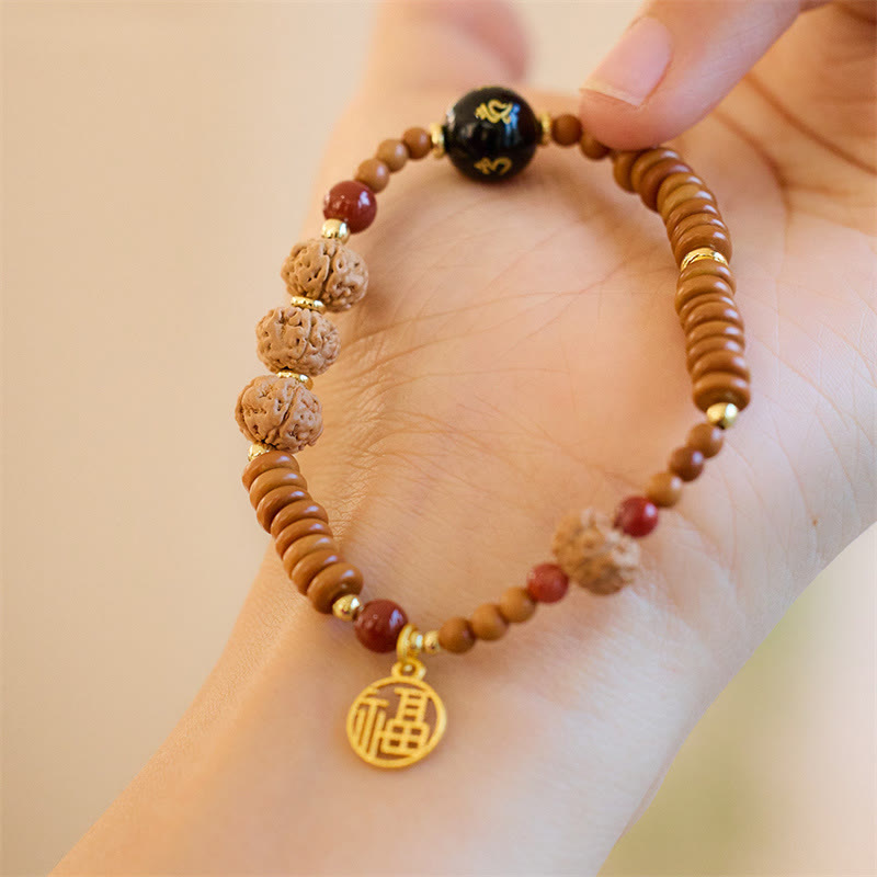 Tibetan Bodhi Seed Black Onyx Smoky Quartz Om Mani Padme Hum Fu Character Wealth Bracelet