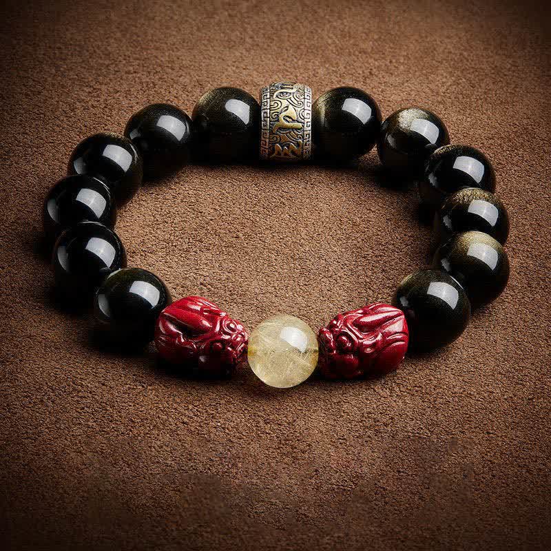 Gold Sheen Obsidian PiXiu Cinnabar Om Mani Padme Hum Protection Bracelet