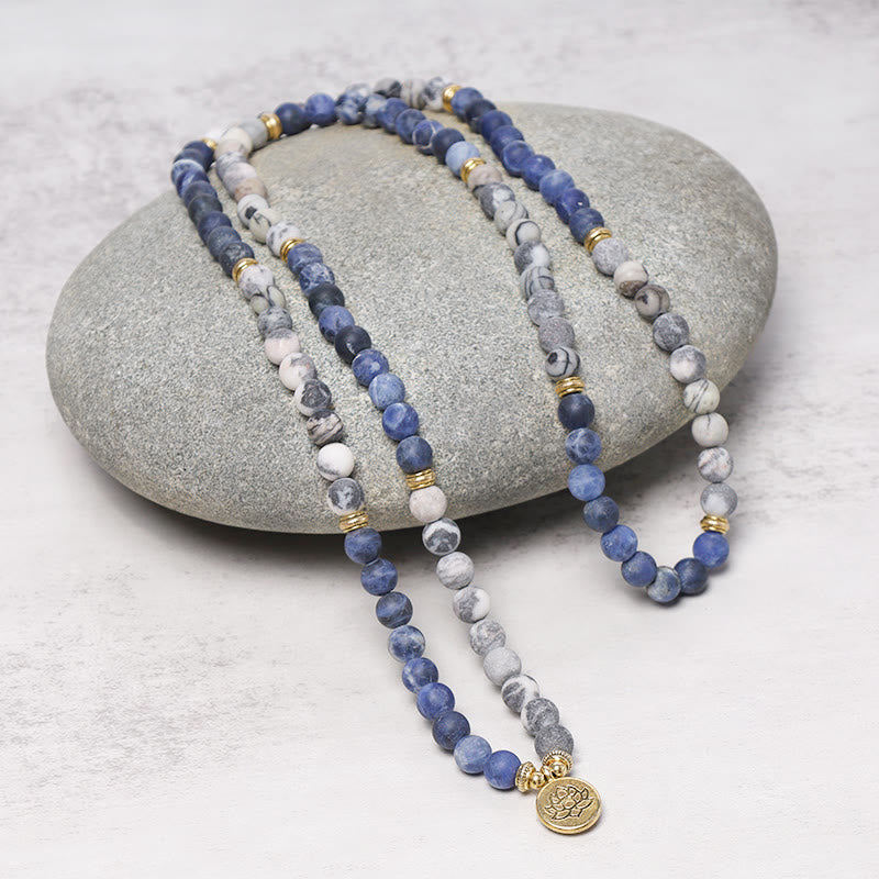 108 Natural Picasso Jasper & Blue Stone Mala Bead Lotus Pendant Bracelet