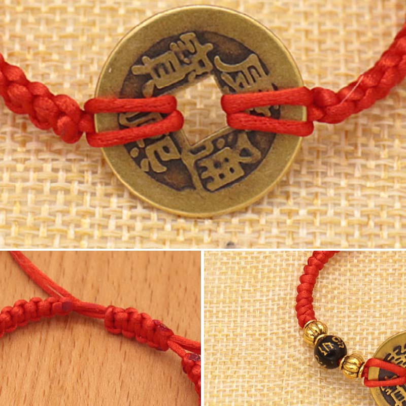 Copper Coin Fortune Red String Weave Bracelet