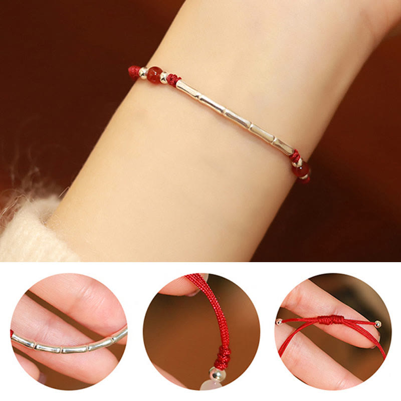 925 Sterling Silver Bamboo White Agate Red Agate Bead Protection String Braided Bracelet
