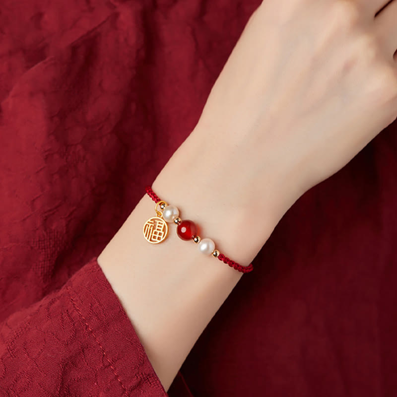 925 Sterling Silver Good Fortune Fu Character Agate Pearl Red String Braid Bracelet