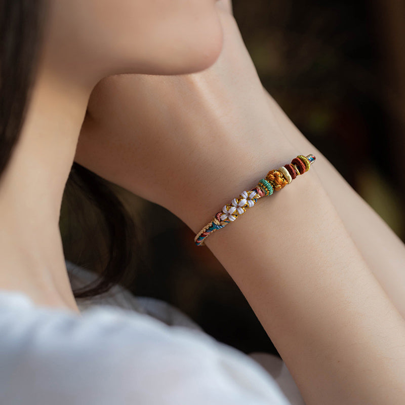 Handmade Dunhuang Color Peach Blossom Pattern Braid String Bracelet
