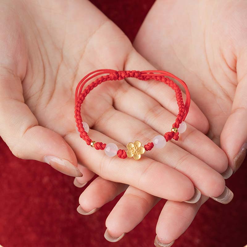 Handmade 925 Sterling Silver Peach Blossom Cherry Sakura Chalcedony Bead Luck Red Rope Bracelet