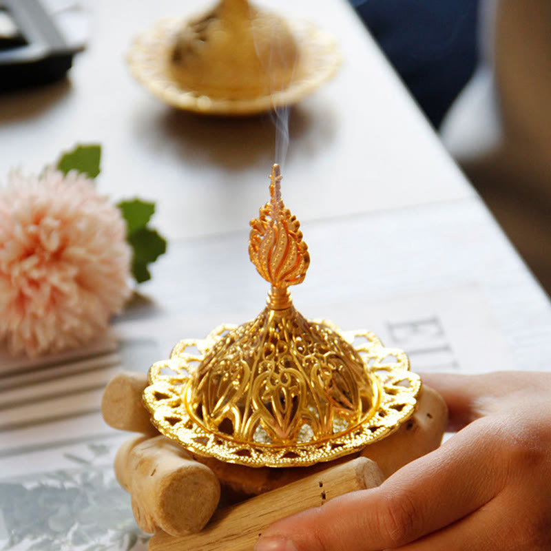 Gold Alloy Mini Incense Burner With Wooden Coaster Home Decor