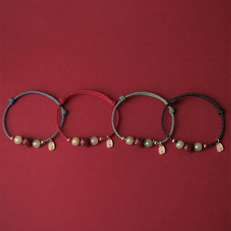 14K Gold Plated Hetian Jade Cinnabar Lotus Luck Handcrafted Rope Bracelet