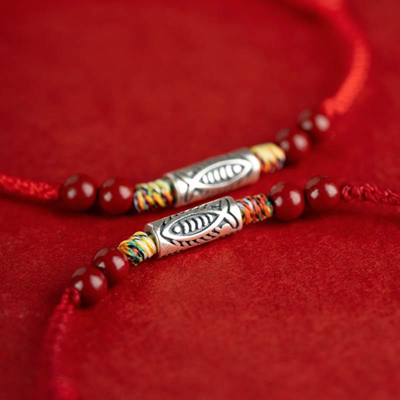 925 Sterling Silver Koi Fish Cinnabar Bead Wealth Handcrafted Braided Bracelet Anklet