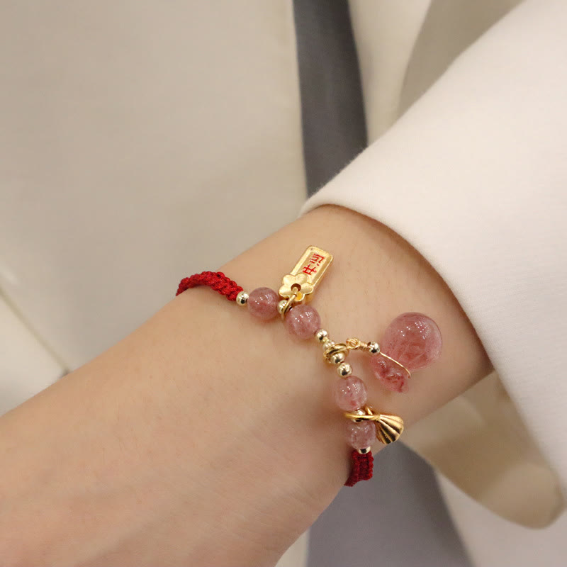 Natural Strawberry Quartz Money Bag Lotus Charm Red String Braided Bracelet