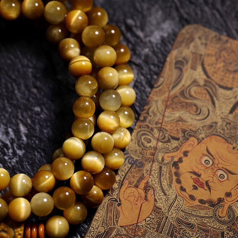 108 Mala Beads Natural Tiger Eye Copper Dorje Protection Tassel Bracelet