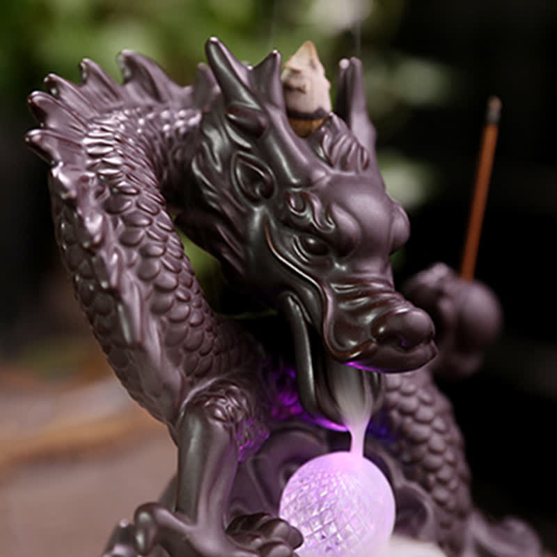 Auspicious Dragon Ceramic Backflow Smoke Fountain Meditation Incense Burner Led Ball Decoration