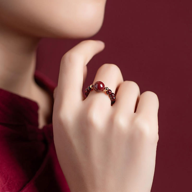 Garnet Cinnabar Lucky Bead PiXiu Om Mani Padme Hum Rose Protection Ring