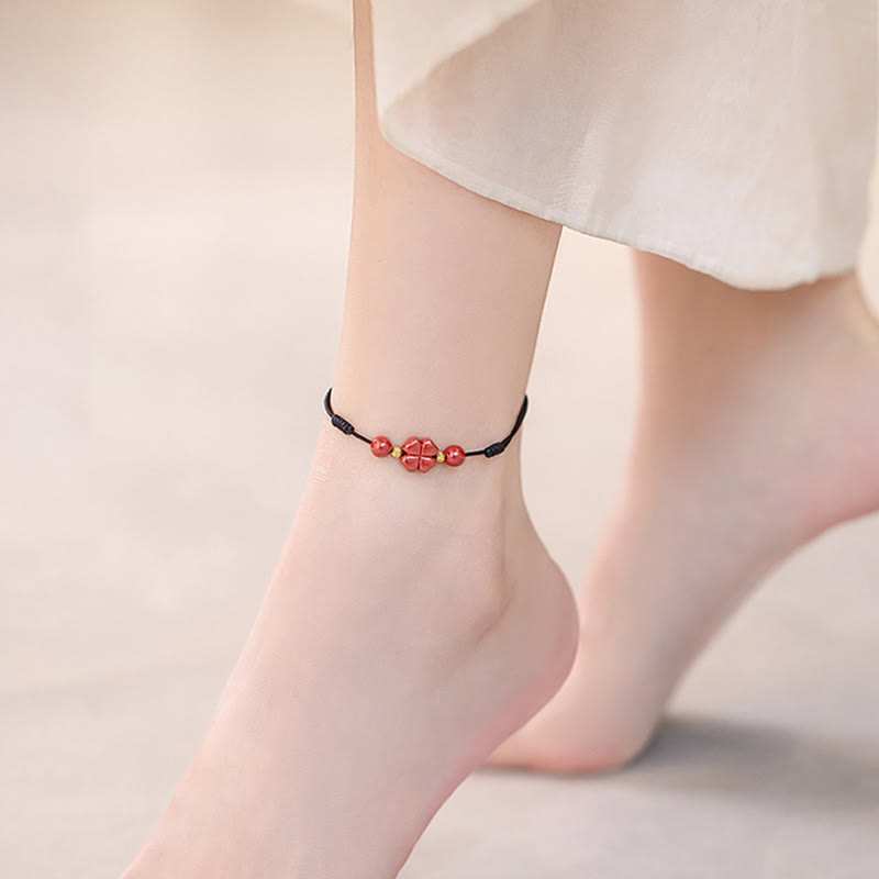 Four Leaf Clover Cinnabar Blessing Calm String Bracelet Anklet