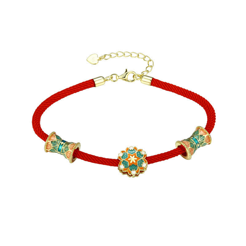 Dunhuang 925 Sterling Silver Lotus Drum New Beginning Red Rope Bracelet