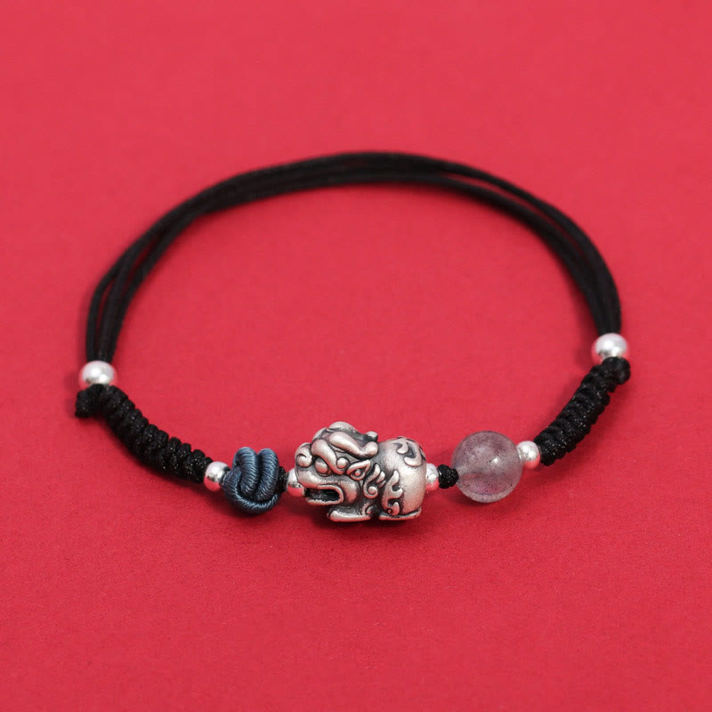 999 Sterling Silver PiXiu Strawberry Quartz Bead Wealth Luck Braided Bracelet