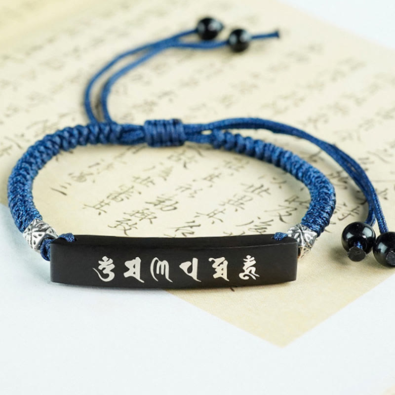 Buddhism Six True Words Wood Ebony Wood Silver Inlaid Protection Bracelet