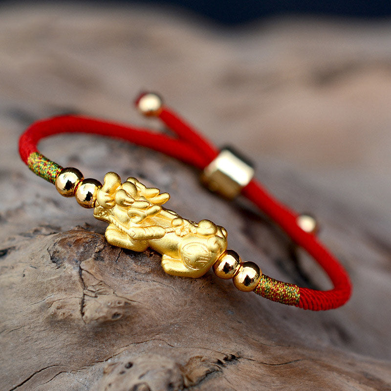24K Gold-Plated PiXiu Luck Red String Bracelet