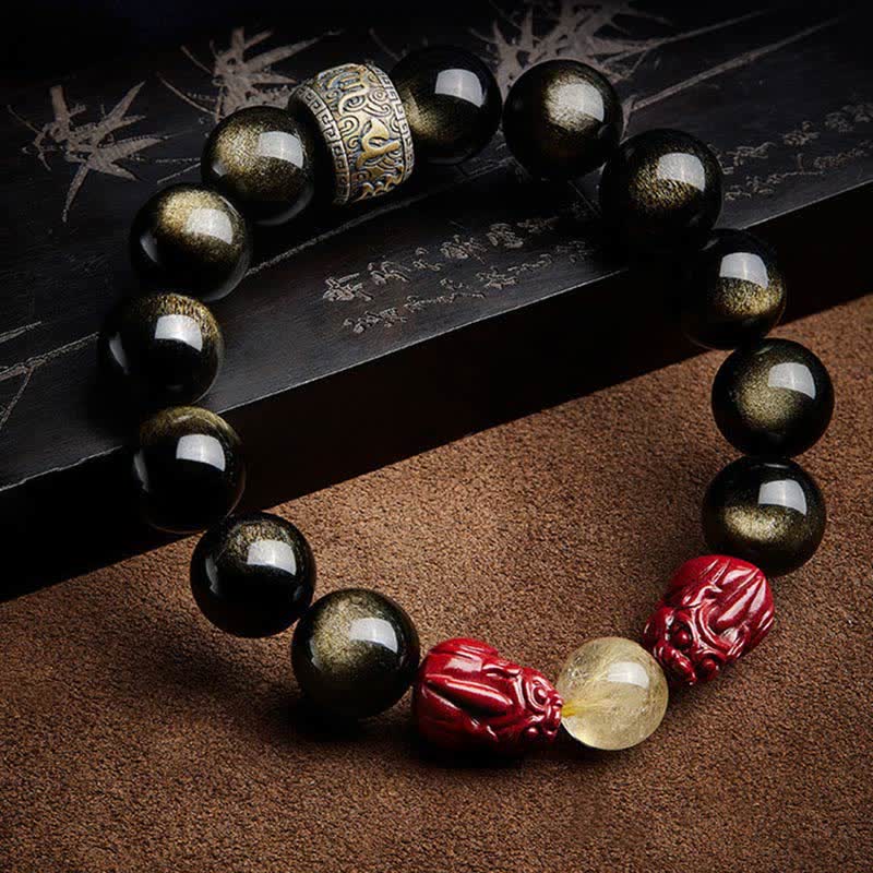 Gold Sheen Obsidian PiXiu Cinnabar Om Mani Padme Hum Protection Bracelet
