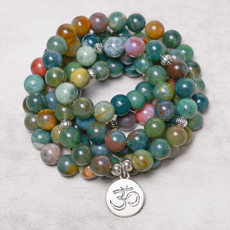 108 Mala Beads Indian Agate Lotus OM Tree of life Positive Calm Bracelet