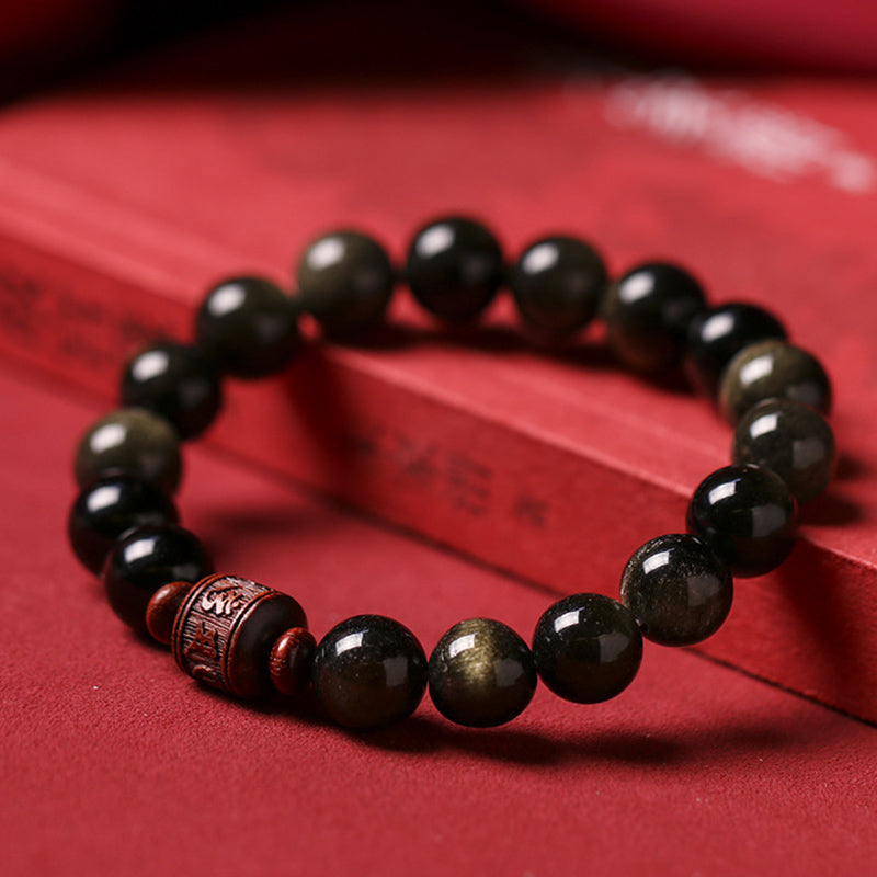 Natural Gold Sheen Obsidian Rainbow Obsidian Om Mani Padme Hum Fu Character Bracelet