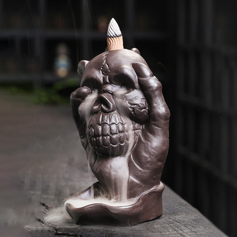 Halloween Skull With Ghost Hand Purple Clay Spiritual Incense Burner Decoration