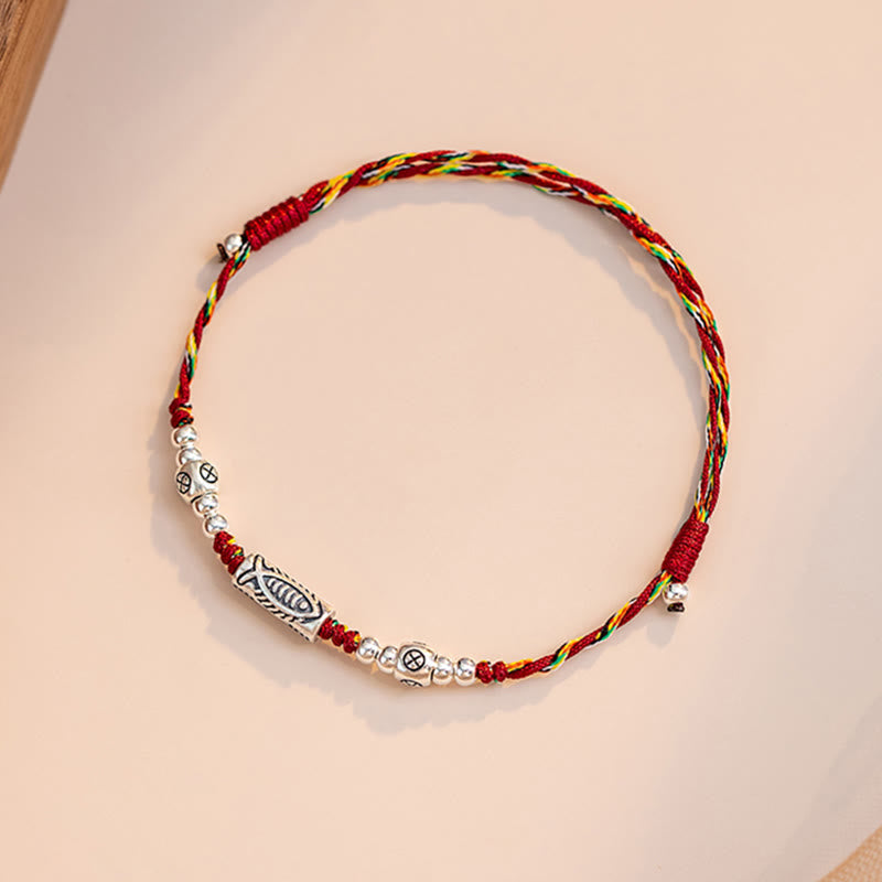 925 Sterling Silver Luck Koi Fish Braided Colorful String Bracelet Anklet
